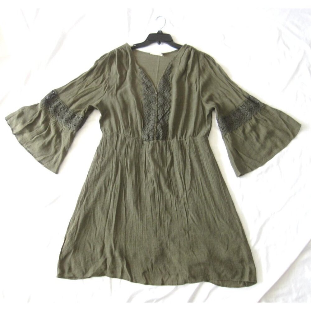 Just Found Olive Green Boho Peasant Dress Crochet Lace Bell Sleeve Sz 2X (WB514)